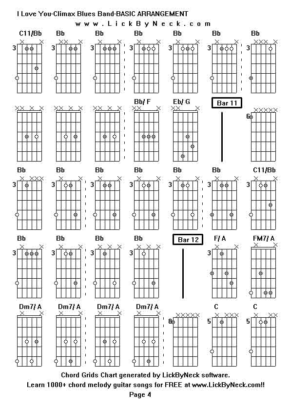 Chord Grids Chart of chord melody fingerstyle guitar song-I Love You-Climax Blues Band-BASIC ARRANGEMENT,generated by LickByNeck software.